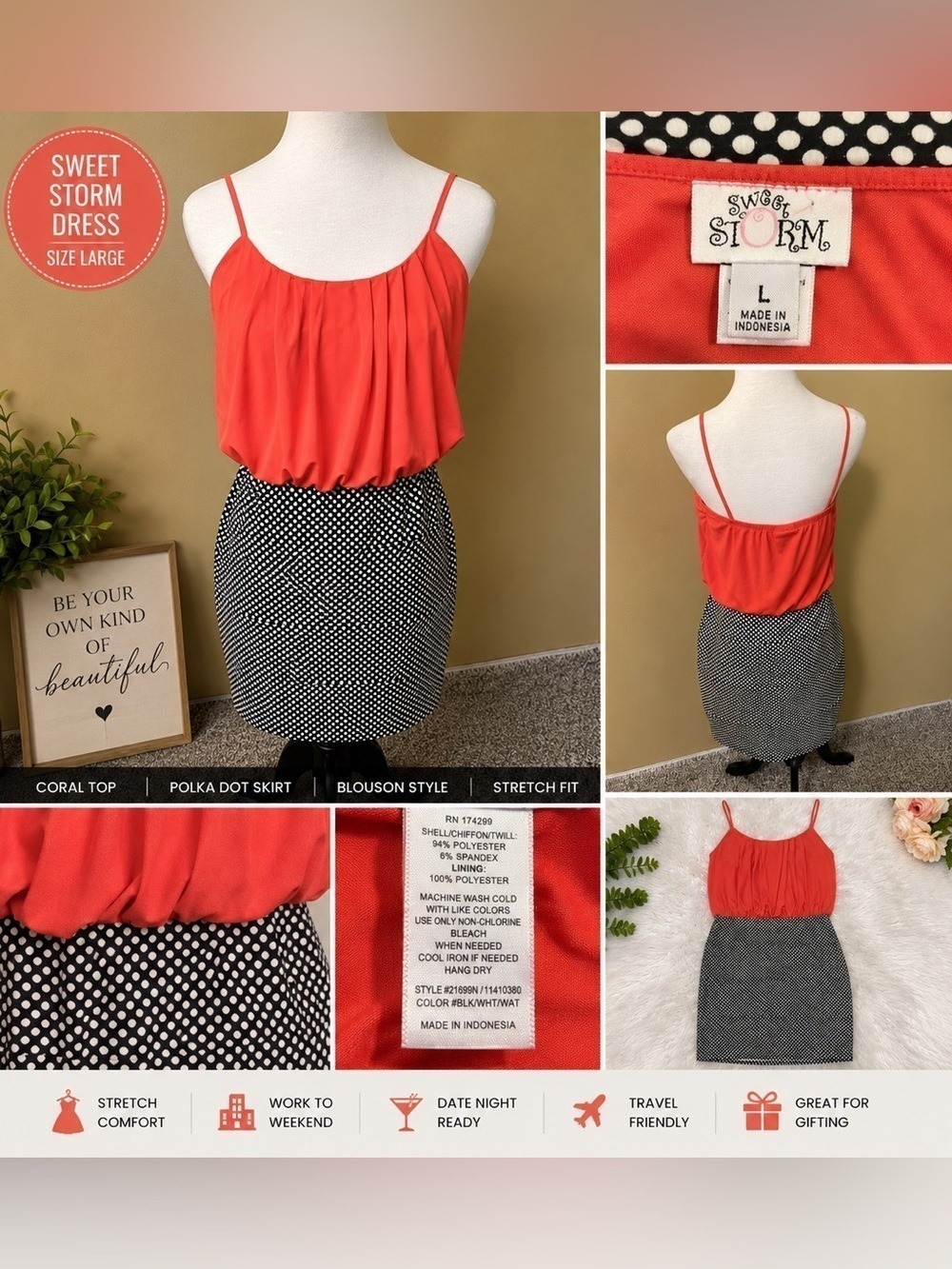 Sweet Storm Colorblock Polka Dot Blouson Dress Coral Black White Large